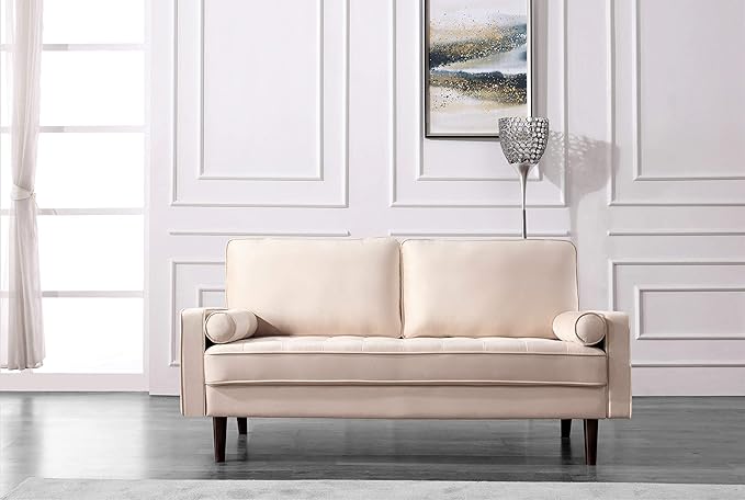 Container Furniture Direct Womble Modern Velvet Upholstered Living Room Diamond Tufted Chesterfield with Gleaming Nailheads, Loveseat, Sofa, Biscuit
