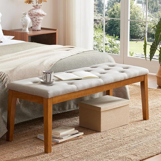 Ottoman Bench Upholstered Padded Seat with Solid Wood Legs and Button-Tufted, Big Oversized Ottoman, Linen Taupe