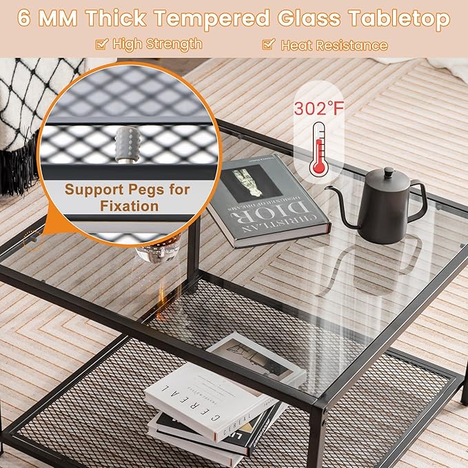 Giantex 27.5" Square Coffee Table - Tempered Glass Center Table w/Bottom Storage Shelf & Metal Frame, Modern Accent Table for Small Space, Living Room, Home, Office (2-Tier, Gray)