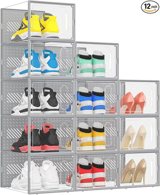 eWonLife Large Shoe Organizer Storage Box with Magnetic Door,12 Pack Clear Plastic Stackable Sneaker Containers for Closet, Connect Left and Right Shoe Box for Entryway, Drop Front, Under Bed (Grey)