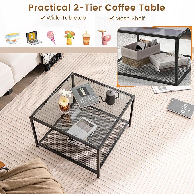 Giantex 27.5" Square Coffee Table - Tempered Glass Center Table w/Bottom Storage Shelf & Metal Frame, Modern Accent Table for Small Space, Living Room, Home, Office (2-Tier, Gray)