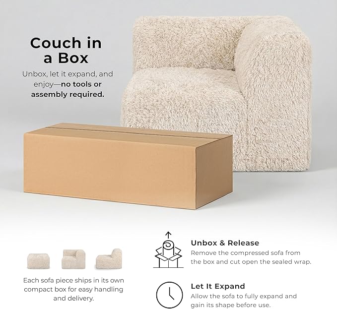 Furniture of America Havyn Modern Faux Fur 1-Seater Modular Foam Sofa Chair with Curved Arm & Deep Seat, Compressed Couch in a Box, No Assembly Required, for Living Room and Office, Olive Green