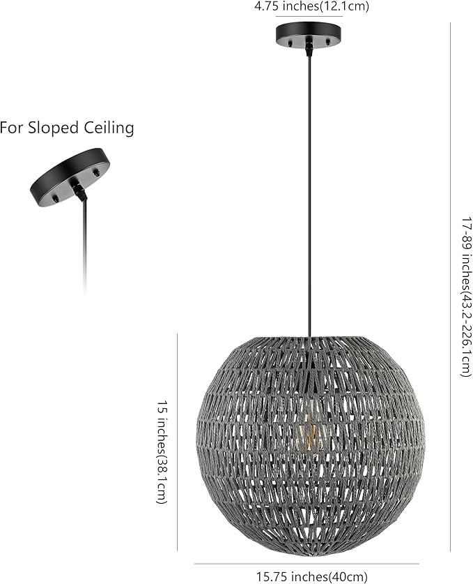 JONATHAN Y 16" Grey/Black Modern Bohemian Woven LED Pendant Light, Adjustable Hanging Ceiling Lamp for Kitchen Island Dining Room, Paper Wicker Shade, Bulb Included (JYL6503D)