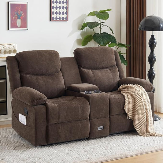 Loveseat Recliner Sofa, Manual Recliner Loveseat with Console, Modern Chenille Sofa Sleeper Deep Couches with Cup Holders and Side Pocket for Living Room/Office/Apartment (Brown) | Heating and Massage, Hidden Drawer