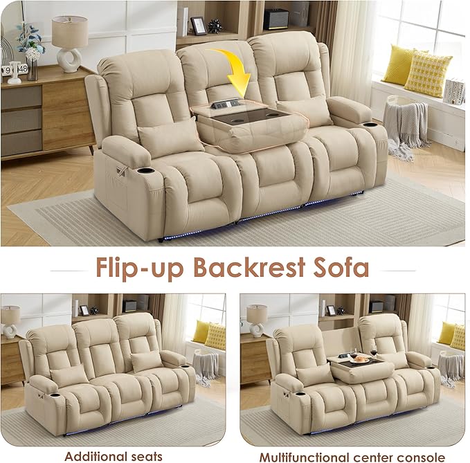TUNYI Wall Hugger Loveseat Recliner Sofa with Console, Power Reclining Loveseat RV Couch with Massage & Heat/USB/Outlet/Storage/LED Light (Beige, 3 Seat)