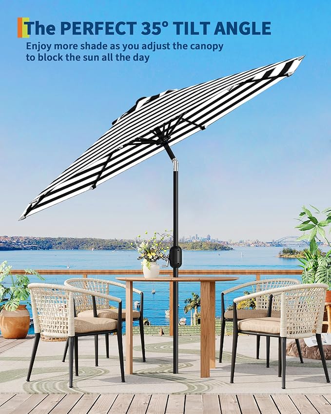 GarveeLife 9 ft Outdoor Patio Umbrella, Table Market Umbrella with Push Button Tilt and Crank, 8 Sturdy Ribs UV Protection Waterproof for Garden, Deck, Pool (Black-and-white striped)