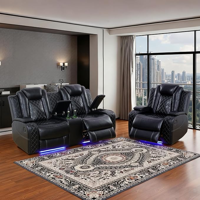 Power Leather Recliner Sofa Set with LED Light,Reclining Loveseat and Chair Set with Storage Console/USB Charger/Cup Holder,Leather Couch for Living Room Furniture Sets(2+1 Seats,Black)