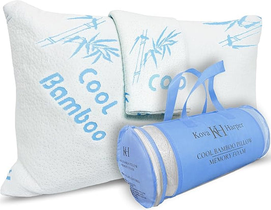 Cooling Rayon Of Bamboo Pillows Queen Size for Sleeping, +1 Extra Pillow Case, Shredded Adjustable Memory Foam Washable Zippered Breathable Cover, Relieves Neck Pain for Back/Stomach/Side Sleeper