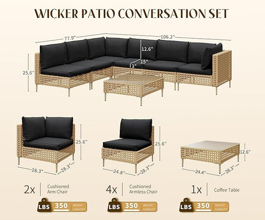 LHBcraft 7-Piece Wicker Outdoor Patio Furniture Set, Modular Rattan Outdoor Furniture, Patio Conversation Sets, Handmade Rattan, Water Resistant Fluffy Cushions and Coffee Table, Black
