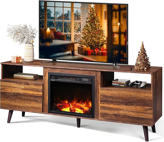 WLIVE Fireplace TV Stand for 55 65 Inch TV, Mid-Century Entertainment Center with Electric Fireplace, Media TV Console with Extra Open Shelf & Storage Cabinets for Living Room Bedroom, Rustic Brown