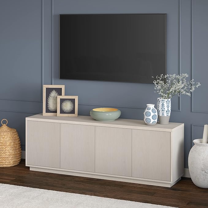 Henn&Hart Fluted TV Stand for TVs up to 75" with 2 Concealed Ribbed Storage Cabinets and Adjustable Shelves for Living Room, Family Room, or Office, Beech White