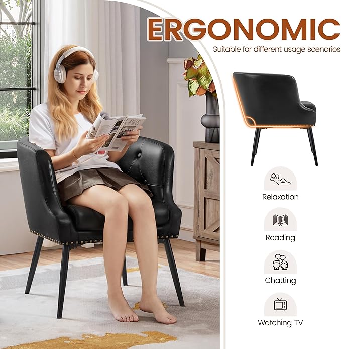 Yaheetech Modern Accent Chair, Faux Leather Retro Armchair, Upholstered Barrel Chair with Metal Leg and Comfy Seat Cushion for Living Room Bedroom, Black