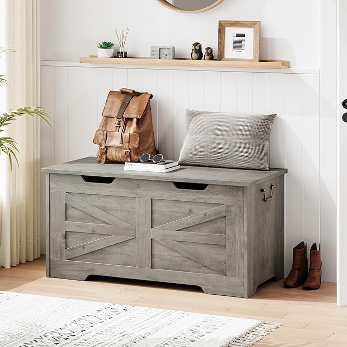 IDEALHOSUE 39.4" Storage Chest, Wooden Storage Bench with Safety Hinge, Retro Blanket Storage Trunk for Entryway, Living Room, Supports 350 lb, Gray