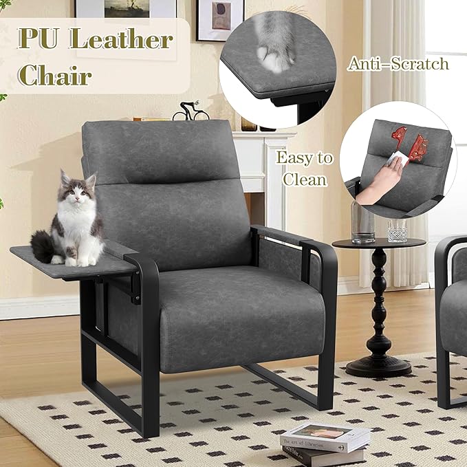 Modern PU Leather Accent Chairs Set of 2 Upholstered Armchairs with Side Table Leisure Side Chairs for Living Room Bedroom Office Grey