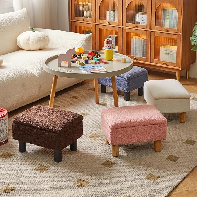Small Foot Stool Ottoman with Storage, Teddy Velvet Foot Rest with Wood Legs and Safety Hinge Flip Top, Bedside Step Stool Rectangle 16x12x9.5inch for Living Room Bedroom Teddy Brown YD-JD136B
