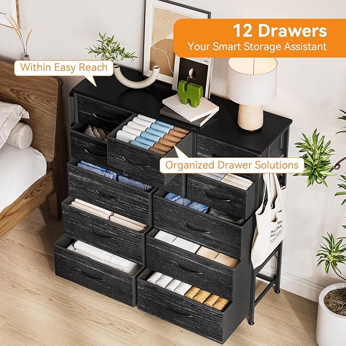 GarveeHome Black 12 Drawer Dresser for Bedroom, Fabric Dressers & Chests of Drawers with Side Pockets, Chest of Drawers for Closet, Living Room, Closet, Hallway