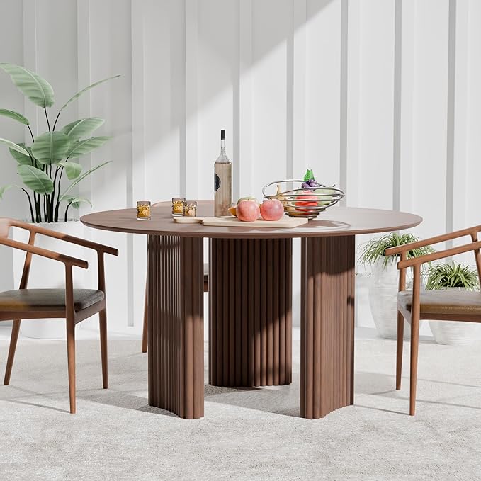 Casaphoria 52" Round Dining Table for 4-6, Farmhouse Style Table with Stripes Base, Easy Assembly for Living Room, Kitchen, Bar, Walnut