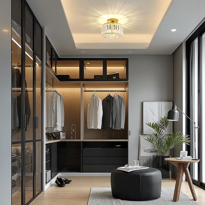 FRIDEKO HOME Crystal Ceiling Light - Gold Small Chandelier Semi Flush Mount Ceiling Light Fixture Modern Lights for Hallway Bathroom Kitchen Entryway (9.05 Inch, Bulb not Included)