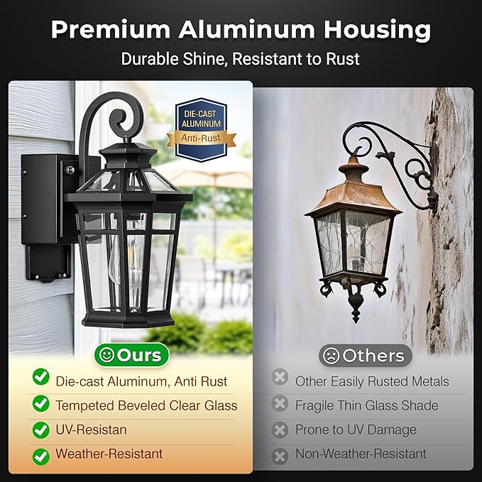 Porch Light with GFCI Outlet, Black Dawn to Dusk Outdoor Light Fixture with Outlet, Exterior Wall Lights with Beveled Glass, Anti-Rust Front Door Lights Wall Mount, Garage Outdoor Lighting, E26