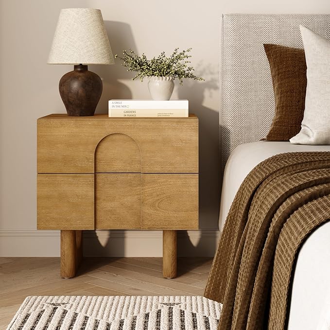 Nathan James Jett Mid Century Modern Nightstand, Wooden Bedside Table with Drawers and Arched Door Cutout, Light Brown