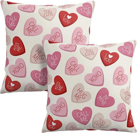 Valentines Conversation Heart Pillow Cover 20x20 Set of 2 Valentines Day Outdoor Red Pink Hearts Throw Pillow Covers Cute Candy Heart Pillowscase for Living Room Couch Sofa