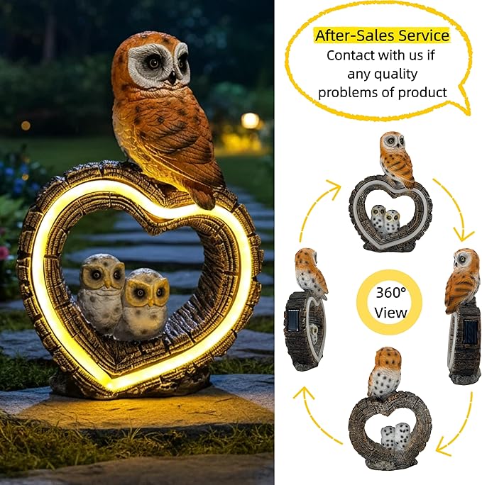 Solar Garden Owl Statue with Love Heart Light, Outdoor Decor for Yard Art Lawn Ornaments Porch Patio Balcony Home for Grandma Mom Women, with Dual Solar Panels Warm Garden Light