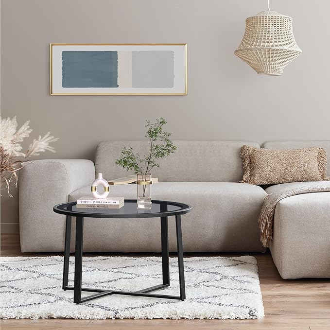 Evajoy Coffee Table, 27.6" Round Coffee Table with Tempered Glass Surface, Center Table for Living Room, Dining Room, Tea, Home Décor,Black