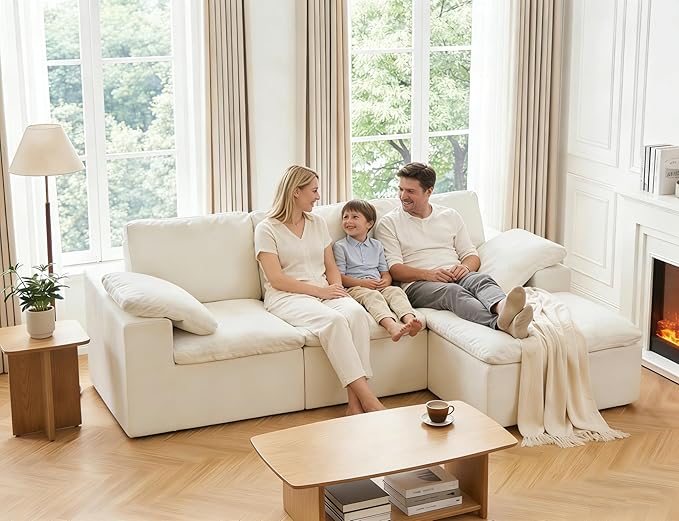 HonTop 110" L Shaped Modern Sofa Boneless Modular Sectional Cloud Couch with Ottoman, 4-Seat Chenille Deep Seat Sofa for Living Room, Bedroom and Apartment, No Assembly, Beige | No Assembly Required, 30" Deep Seat, Family Pet-Friendly, Flexible Modular...