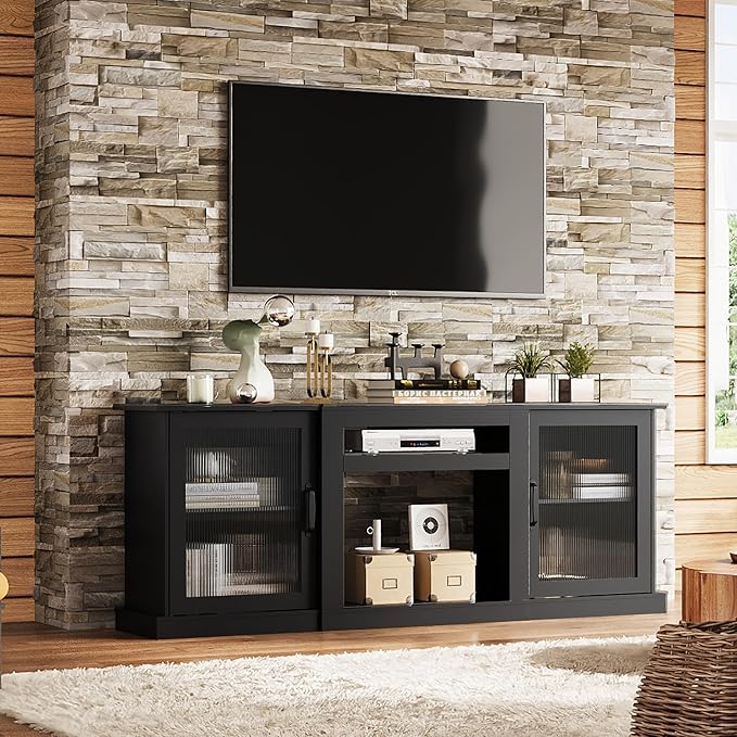 WLIVE Farmhouse TV Stand for 75 inch TV, Entertainment Center with Storage Cabinets, Mid Century Modern TV Console for Living Room, Bedroom, Black