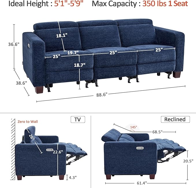 MCombo 88.6'' Reclining Sofa, Wall Hugger Power Recliner Sofa with Adjustable Headrest, USB A & C Charge Ports, Wood Legs, for Living Room (Fabric, HL198M3) (Navy Blue, 3-Seater)