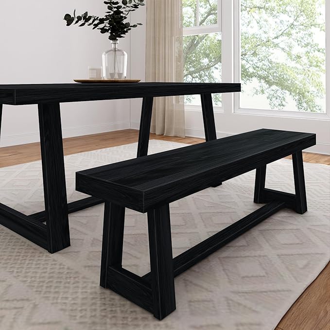 Plank+Beam 72" Farmhouse Dining Table and 60" Farmhouse Dining Bench, Solid Wood, Black Wirebrush Finish, Seats 6, Easy Assembly