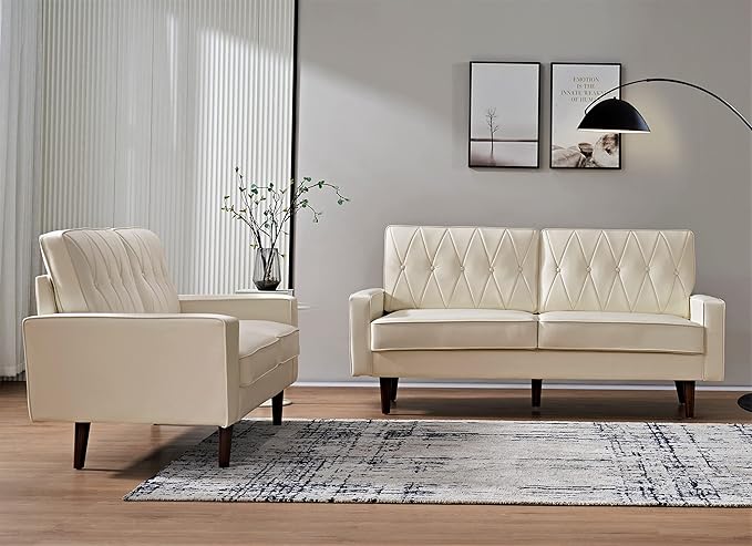 Container Furniture Direct Modern Style Faux Leather Loveseat with Elegant Round Tapered Legs and Button Tufted Backrest Perfect for Living Room, Bedroom or Home Office, 57.5’’ Wide, White
