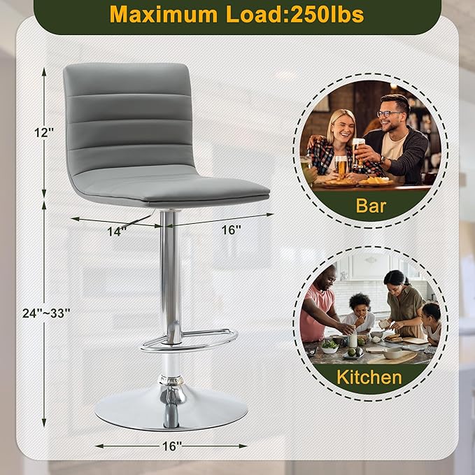 NicBex Swivel Bar Stools Modern PU Leather Adjustable Barstools, Kitchen Island Counter Bar Stools Set of 2,(Grey Color)