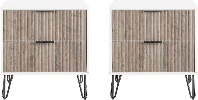 Manhattan Comfort Dumbo Modern Nightstand 2.0 with 2 Drawer & Metal Feet | Splayed Gold Legs | Vertical Ribbed Design | No Tool Assembly Storage for Bedroom, Set of 2, Set of 2, White and Rustic Grey