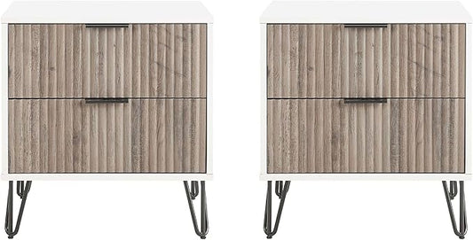 Manhattan Comfort Dumbo Modern Nightstand 2.0 with 2 Drawer & Metal Feet | Splayed Gold Legs | Vertical Ribbed Design | No Tool Assembly Storage for Bedroom, Set of 2, Set of 2, White and Rustic Grey