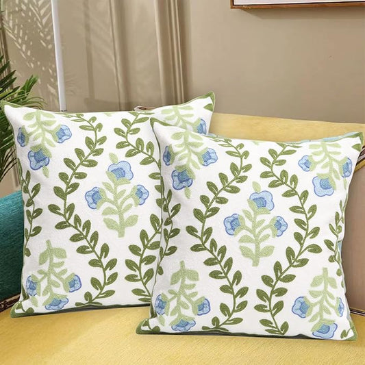 Set of 2 Embroidered Decorative Throw Pillow Covers Couch Square Pillowcases Cushion for Bedroom Sofa Farmhouse Decor 18x18 Inch (Blue Floral)