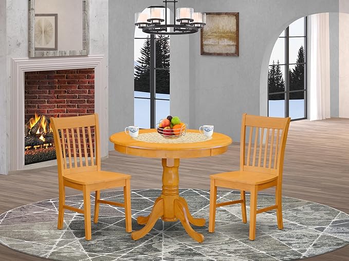 East West Furniture ANNO3-OAK-W 3 Piece Dining Room Table Set Contains a Round Wooden Table with Pedestal and 2 Kitchen Dining Chairs, 36x36 Inch, Oak