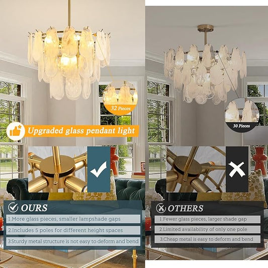 Modern Gold Cloud Glass Chandeliers, 19.68 Inches Creative Crystal Pendant Ceiling Fixture, 3 Tier Luxury Height Adjustable Chandelier, 6-Light for Bedroom Living Room Dining Room Hallway Foyer (E12)