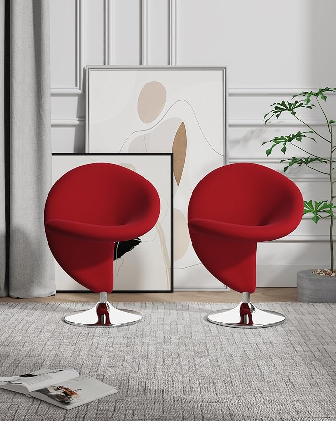 Manhattan Comfort Curl Mid Century Modern Wool Blend Upholstered Living Room Swivel Accent Chair with Chrome Metal Base, Set of 2, Red