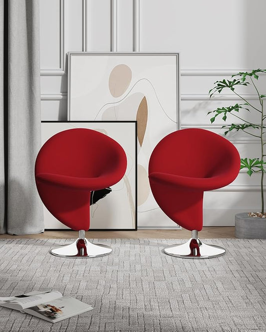Manhattan Comfort Curl Mid Century Modern Wool Blend Upholstered Living Room Swivel Accent Chair with Chrome Metal Base, Set of 2, Red