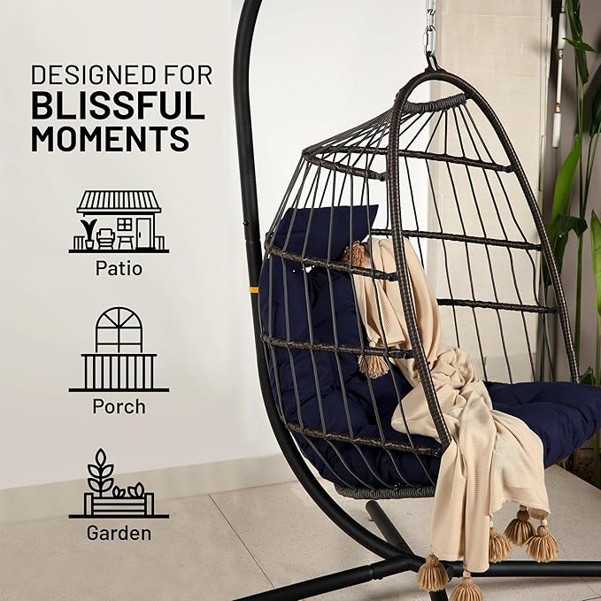 SereneLife Egg Chair with Stand – Hanging Rattan Wicker Swing for Indoor Outdoor Use – 350 lbs Capacity, Breathable Cushion & Headrest – Patio, Balcony, Porch, Bedroom Lounge Furniture