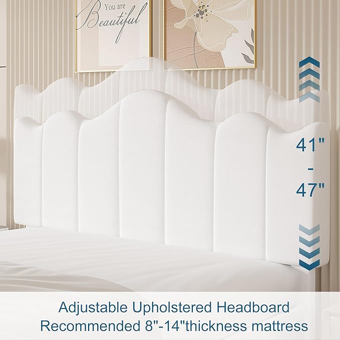 VECELO Full Size Upholstered Platform Bed Frame with Adjustable Headboard, Wood Slat Support and Noise-Free, No Box Spring Needed, Easy Assembly, Off White