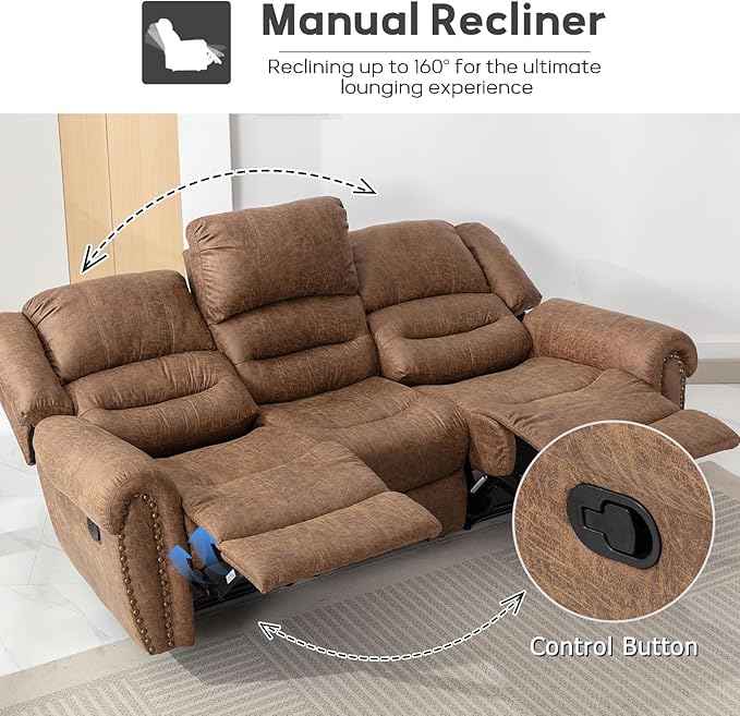 EBELLO Faux Leather Manual Reclining Sofa Recliner, 3 Seat Loveseat Sofa Chair, Couch for Living Room, Bedroom Furniture, Meeting Room, Brown (3 Seat Sofa)