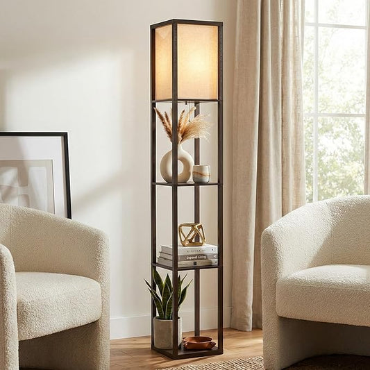 Brightech Maxwell - Modern Shelf Floor Lamp with Lamp Shade & Warm White LED Bulb, Corner Display Floor Lamp with Shelves for Living Room, Bedroom, Nightstand Office, Home Decor Storage - Havana Brown