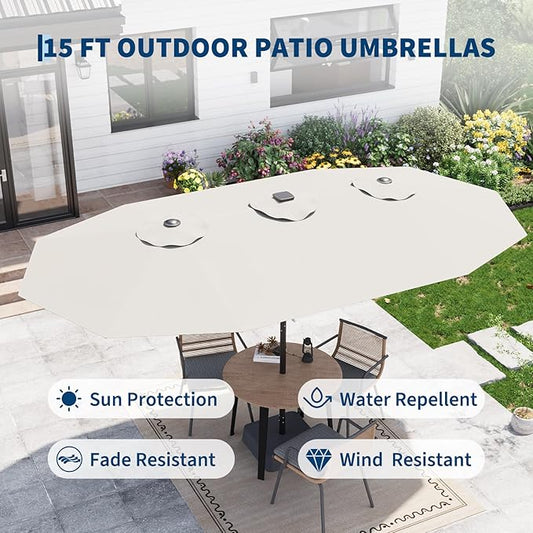 GarveeLife 15 FT Patio Umbrella with Base Included, Patio Table Umbrella with solar lights, 10 Sturdy Ribs UV Protection Waterproof for Garden, Pool, Deck, Backyard (Beige)