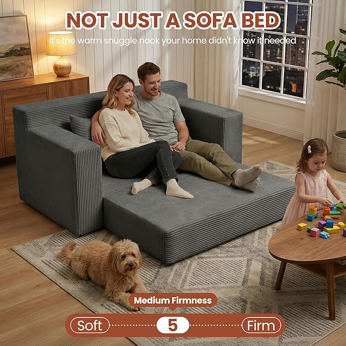 Convertible 5 in 1 Futon Sofa Bed Full Size, Corduroy Boneless Couch Sleeper Sofa with 4 Pillows, Foldable Pull Out Loveseat Floor Mattress for Living Room, Apartment, Small Space & Dorm