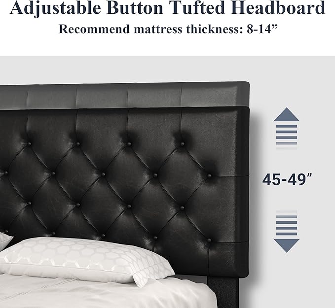 Allewie Queen Size Platform Bed Frame, Adjustable Faux Leather Headboard with Diamond Stitch and Button Tufted, Sturdy Wood Slats, Easy-Assembly, No Box Spring Needed, Deep Black