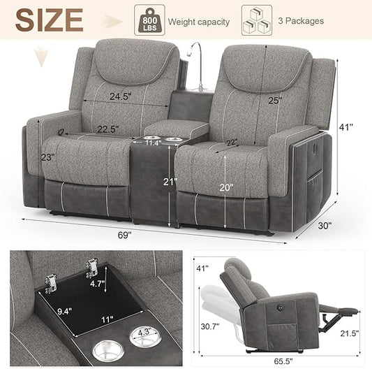 Dresegmt Loveseat Recliner Sofa, Manual Double Recliner with Storage Console, Cup Holder, USB Port & Reading Light, Grey Linen & PU Leather Manual Reclining Couch for Living Room, RV/Theater Seating