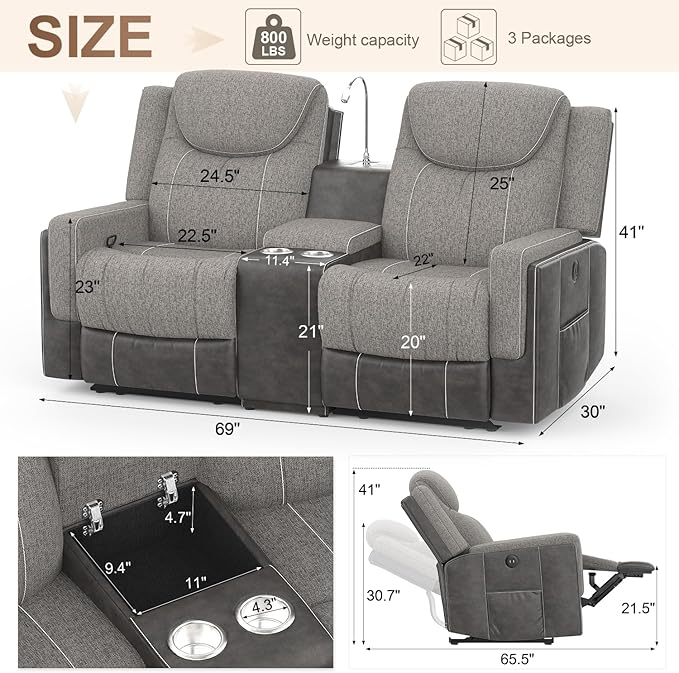 Dresegmt Loveseat Recliner Sofa, Manual Reclining Loveseat with Reading Light, Chic Blend Style Sofa, Storage Console, Cup Holders, USB Ports, Fabric & PU Leather, Recliner Couch for Living Room/RV