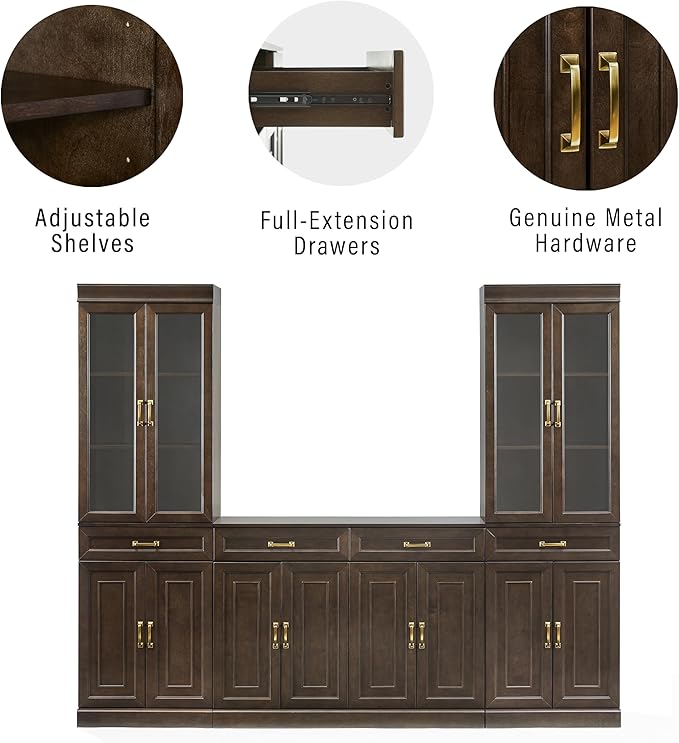 Crosley Furniture Stanton 3-Piece Sideboard Buffet Cabinet and Glass Door Kitchen Storage Pantry Set, Coffee